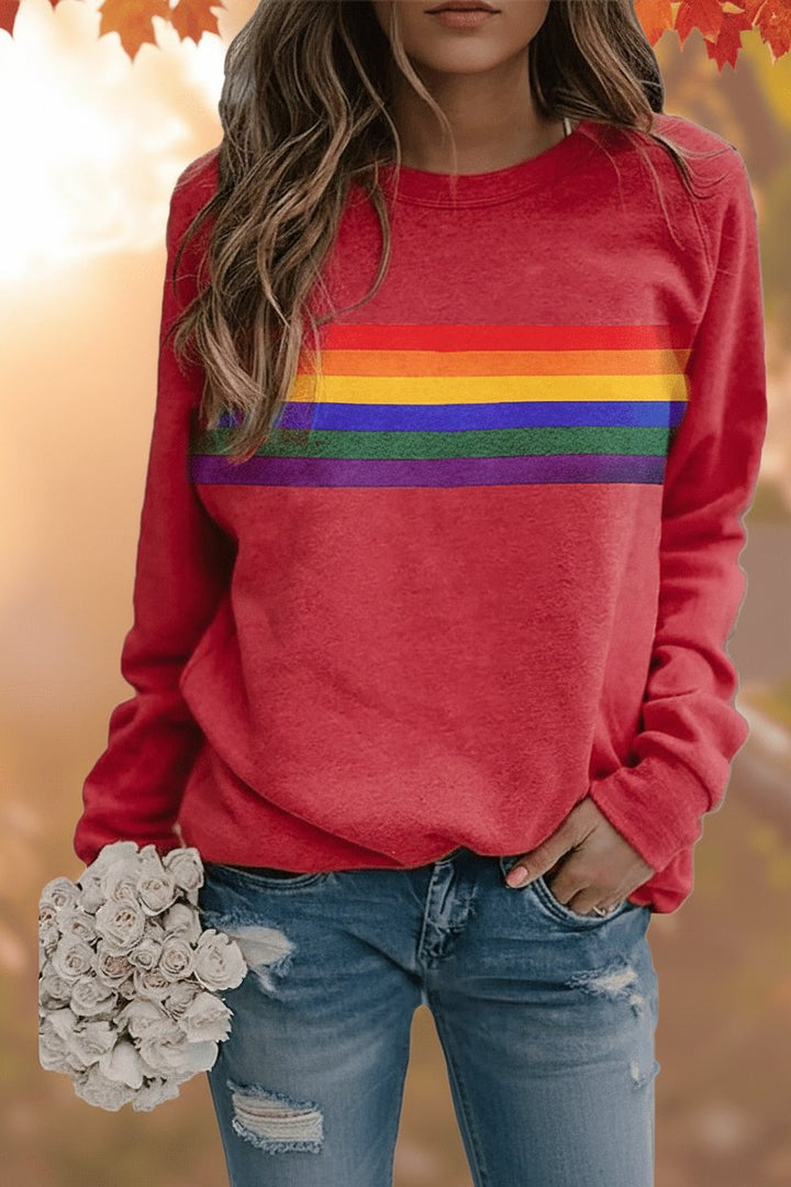 Dames Vintage Regenbooggestreepte Relaxed-Fit Sweatshirt - Red