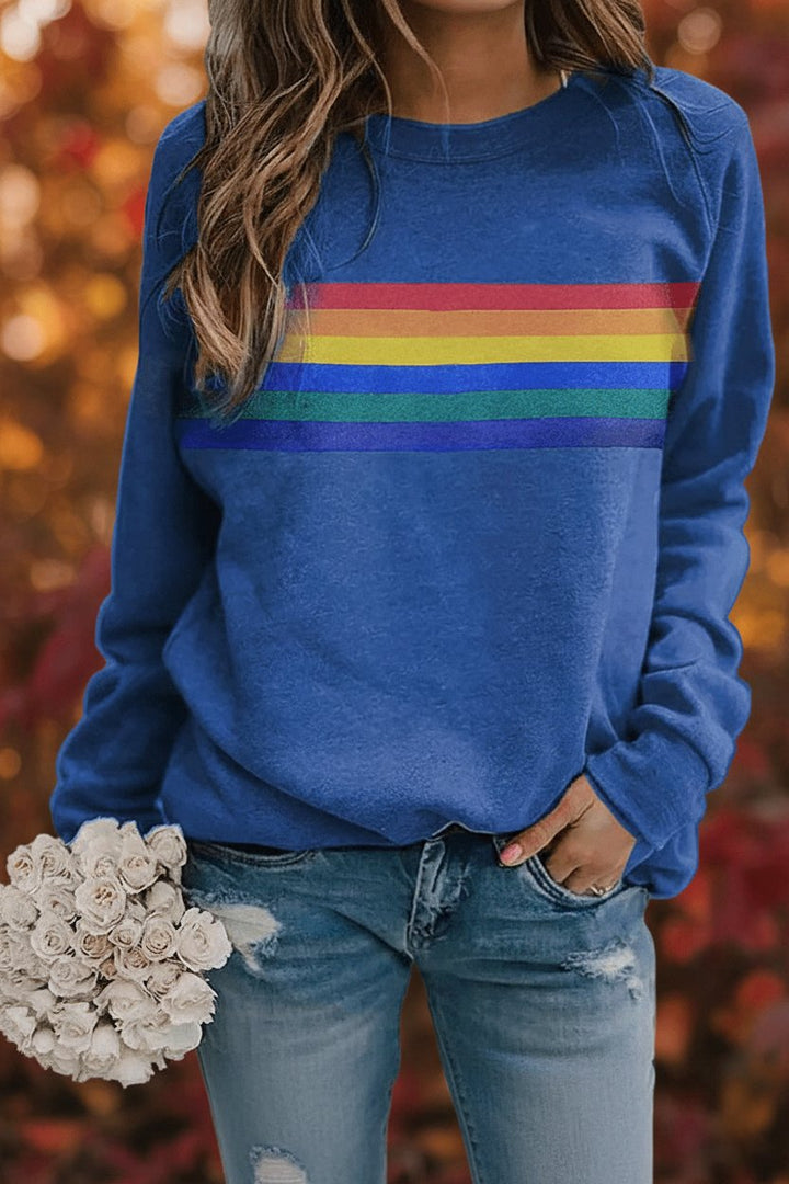 Dames Vintage Regenbooggestreepte Relaxed-Fit Sweatshirt - Blue
