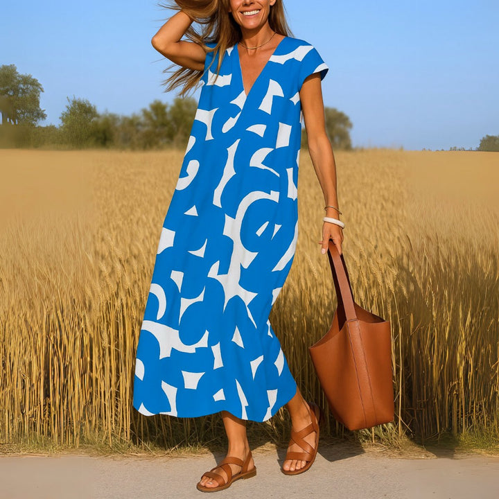 Dames Vloeiende Maxi Jurk V-hals Grafische Print - Blauw
