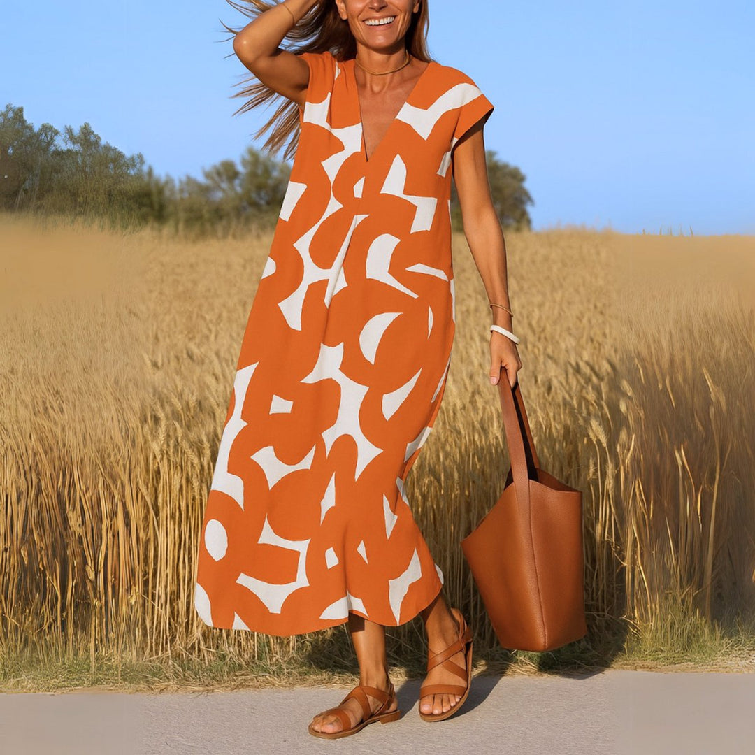 Dames Vloeiende Maxi Jurk V-hals Grafische Print - Oranje