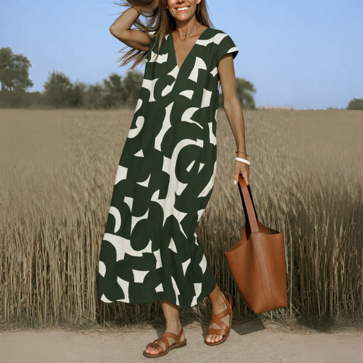 Dames Vloeiende Maxi Jurk V-hals Grafische Print - Groen