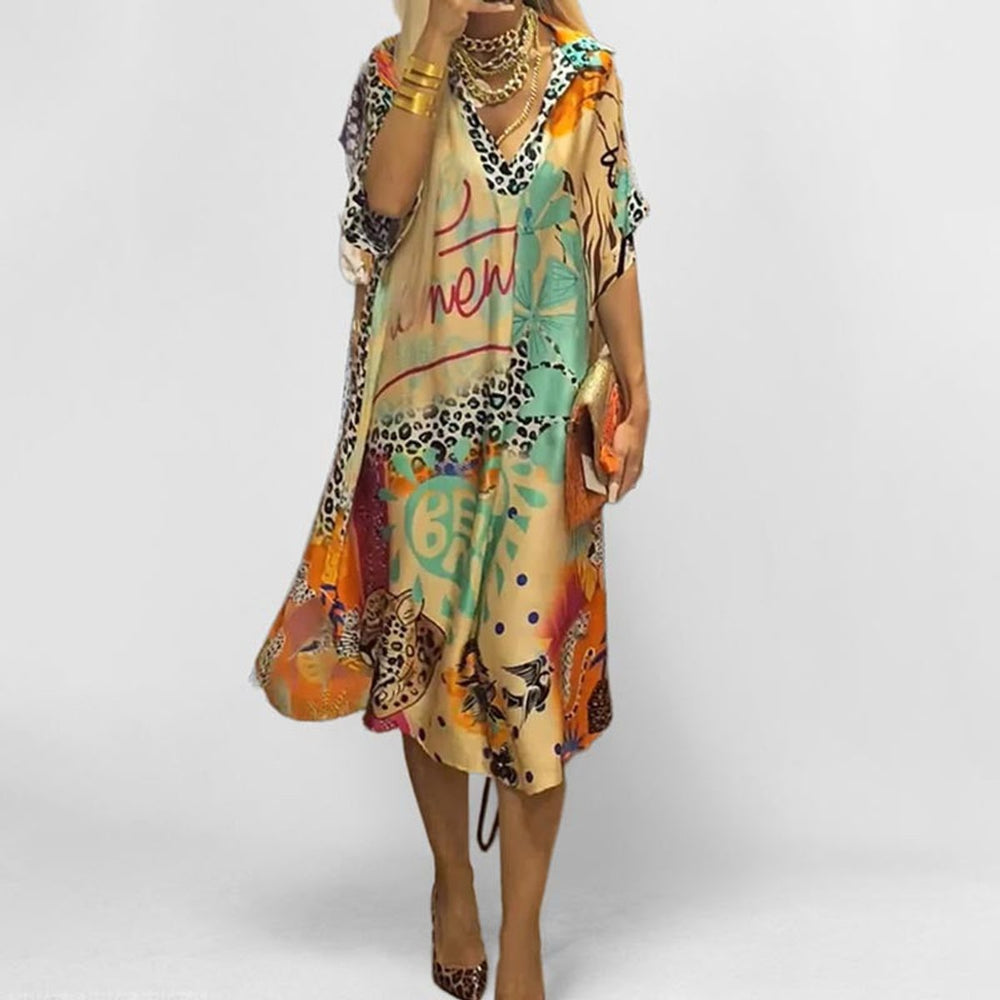 Dames Wijd Uitlopende Grafisch Bedrukte V-hals Tunic