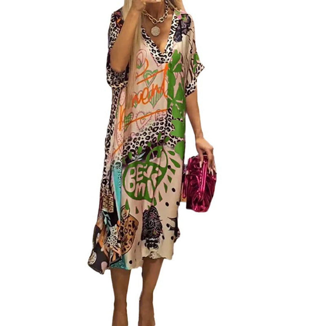 Dames Wijd Uitlopende Grafisch Bedrukte V-hals Tunic