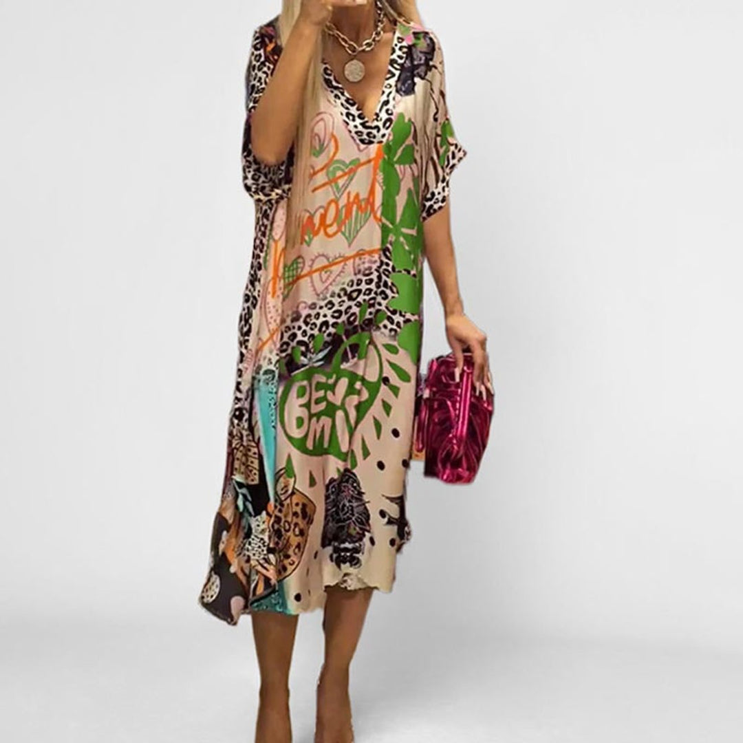 Dames Wijd Uitlopende Grafisch Bedrukte V-hals Tunic - Groen