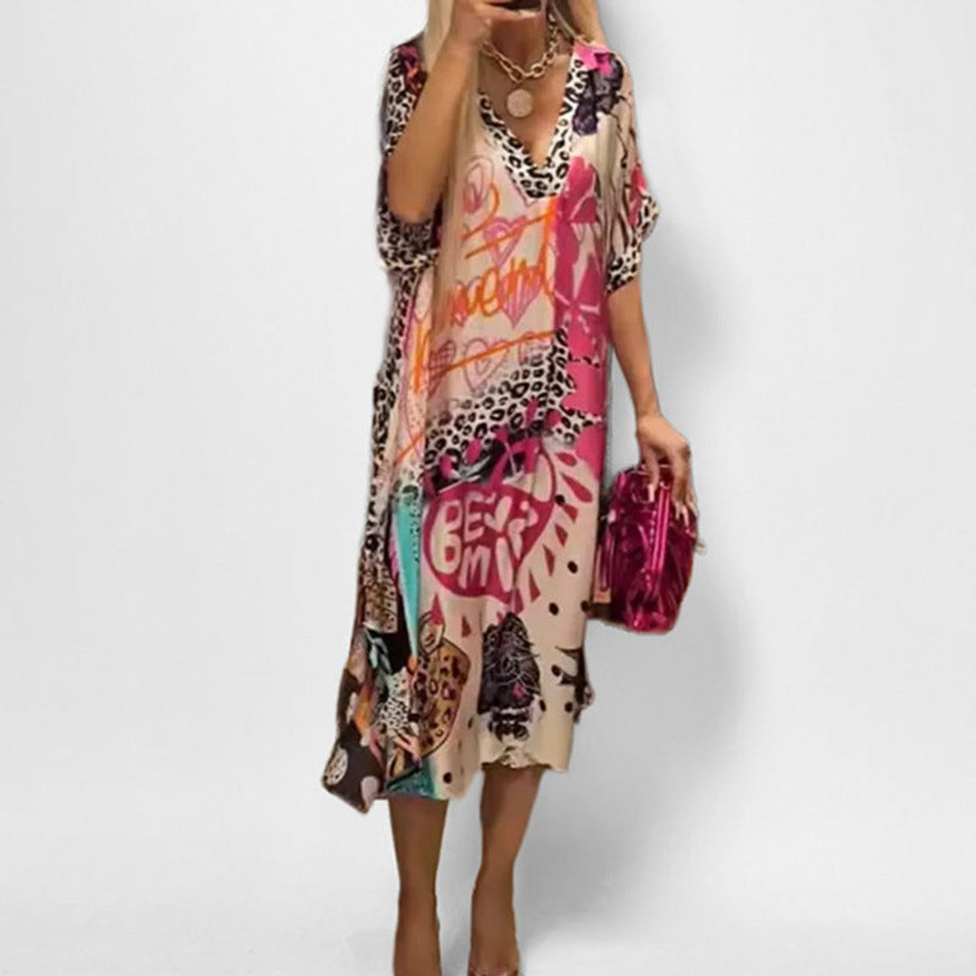Dames Wijd Uitlopende Grafisch Bedrukte V-hals Tunic - Roze