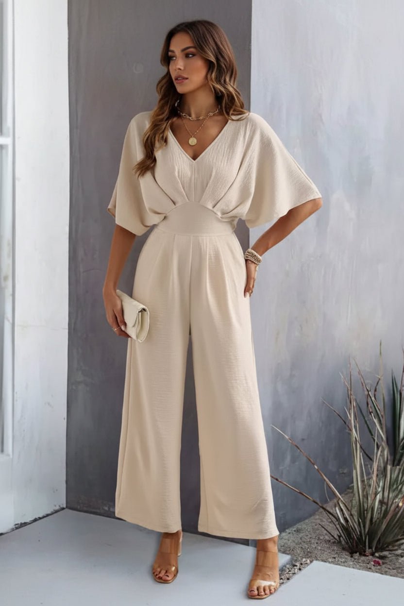 Dames Wijdbeens V-hals Batwing-mouw Jumpsuit met Hoge Taille