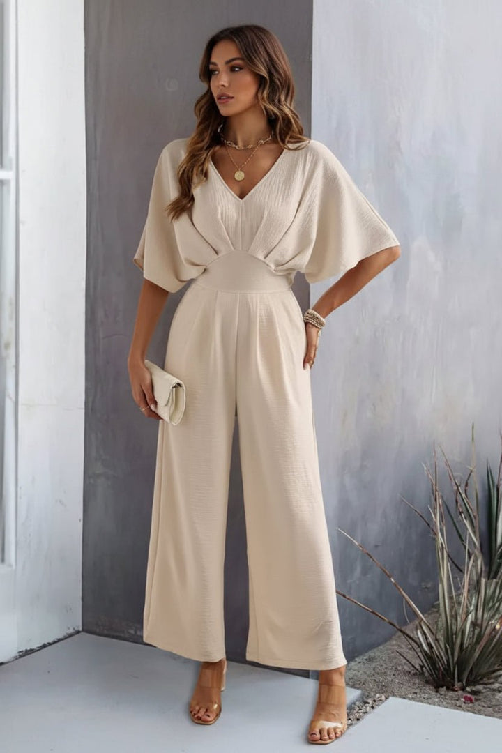 Dames Wijdbeens V-hals Batwing-mouw Jumpsuit met Hoge Taille