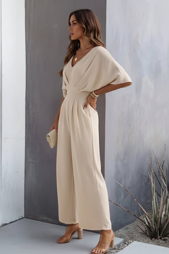 Dames Wijdbeens V-hals Batwing-mouw Jumpsuit met Hoge Taille