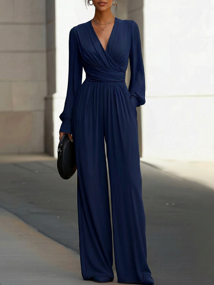 Dames Wijdbeens Wikkel Jumpsuit met Lange Mouwen - Navy Blue
