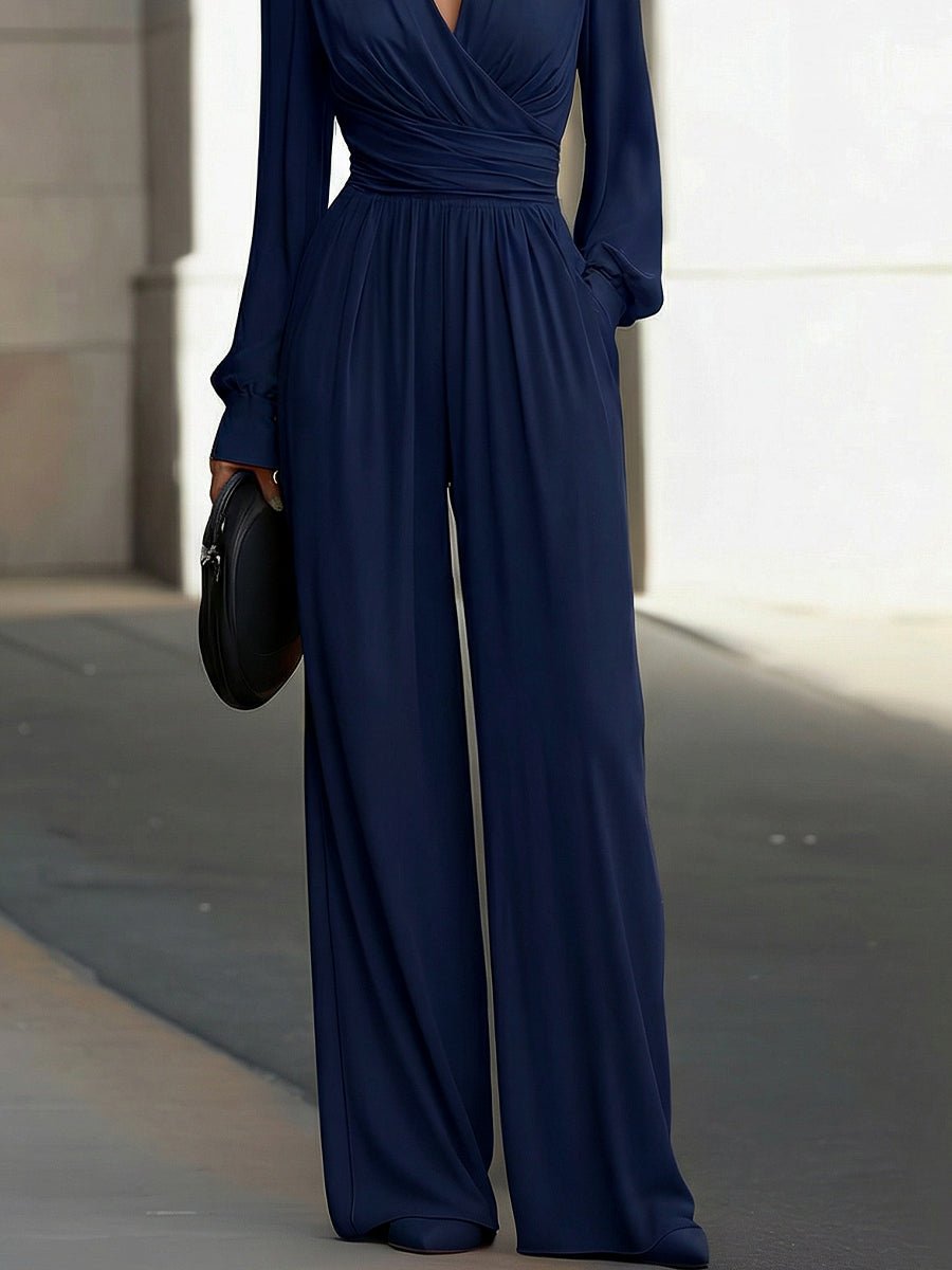 Dames Wijdbeens Wikkel Jumpsuit met Lange Mouwen