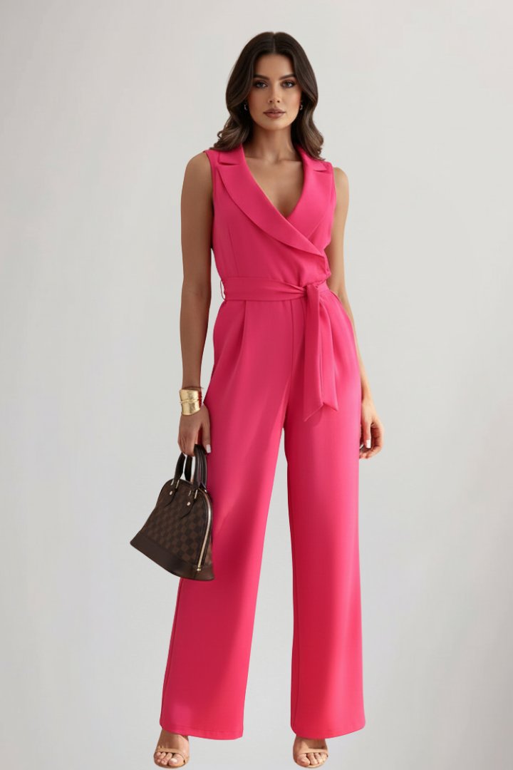 Dames Wijdbeense Blazerkraag Strikceintuur Jumpsuit - Fuchsia Pink