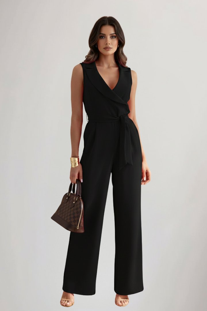 Dames Wijdbeense Blazerkraag Strikceintuur Jumpsuit - Black