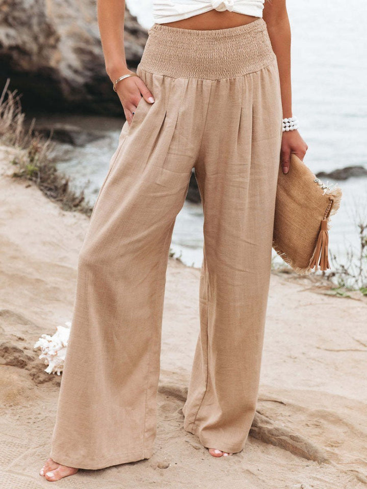 Dames Wijde Pijpen Linnen Broek Elastische Tailleband - Beige