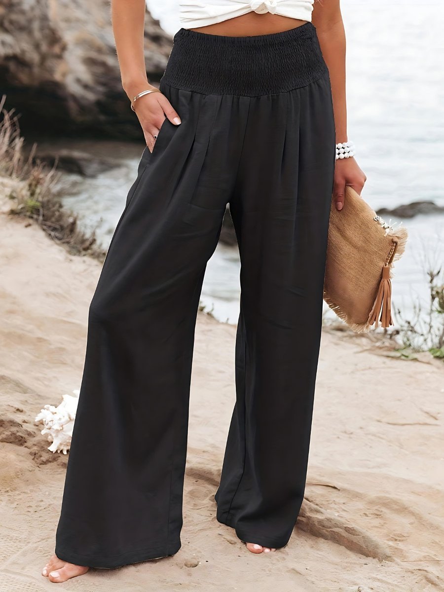 Dames Wijde Pijpen Linnen Broek Elastische Tailleband - Black