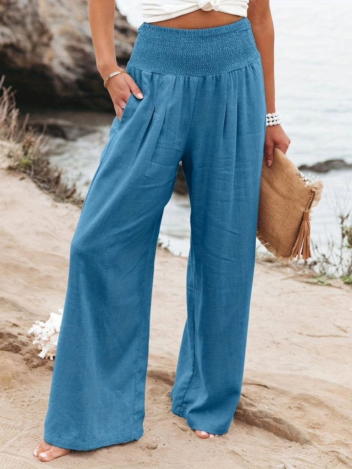 Dames Wijde Pijpen Linnen Broek Elastische Tailleband - Blue