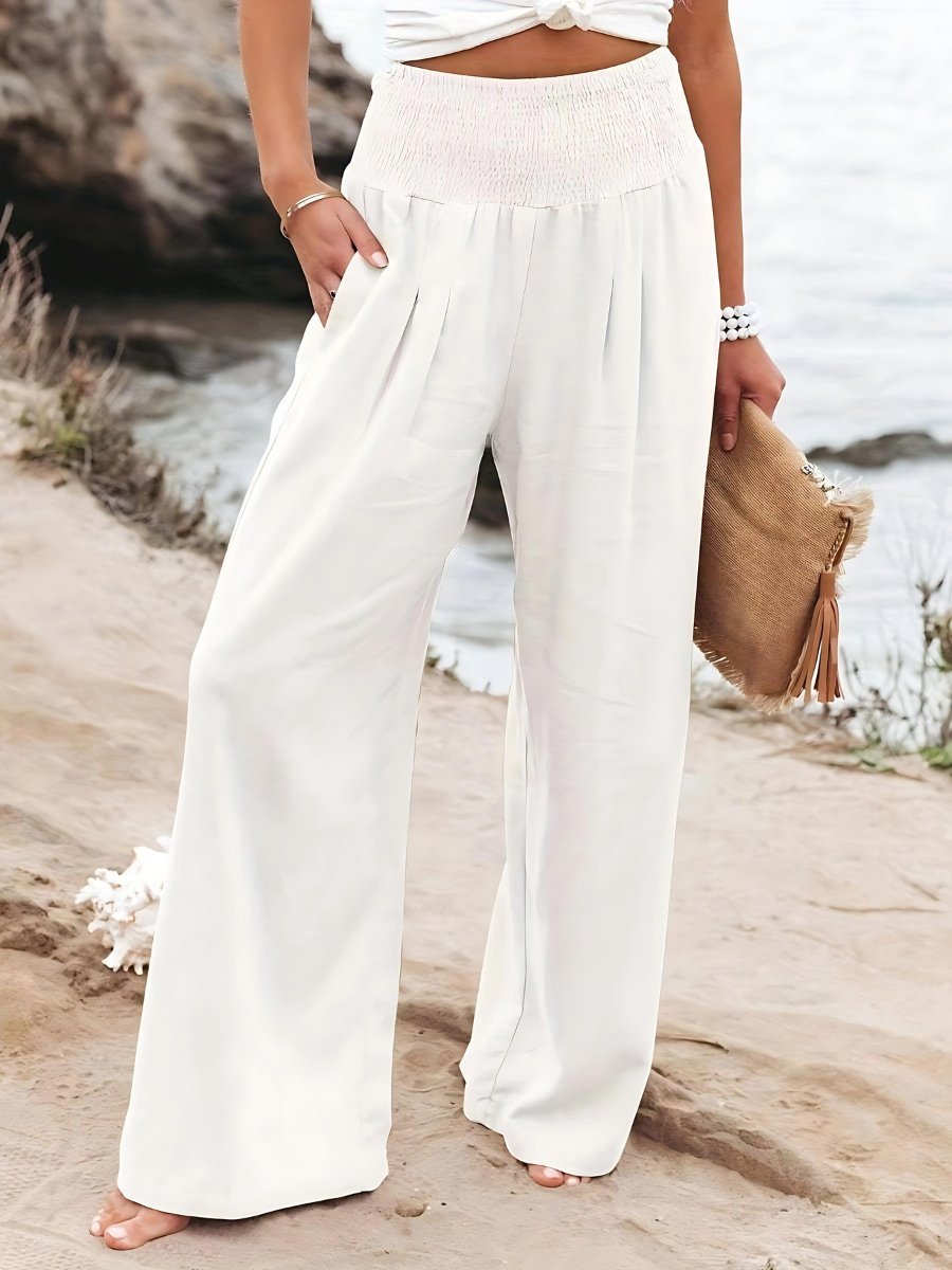 Dames Wijde Pijpen Linnen Broek Elastische Tailleband - White
