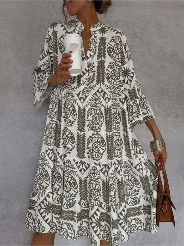 Dames Wijdvallende Bloemenprint Tunic Jurk - Khaki