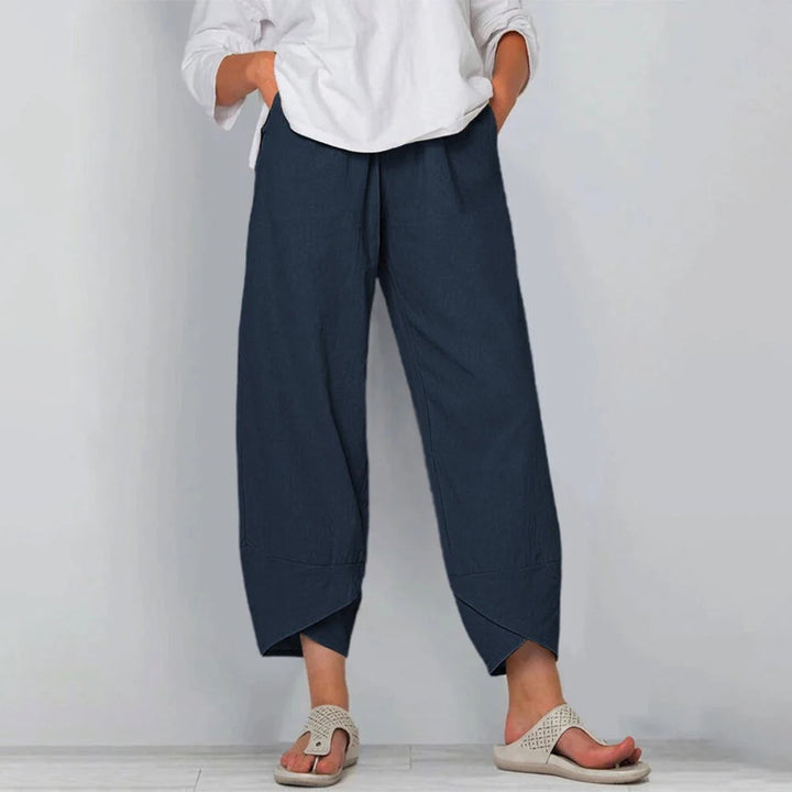 Dames Wijdvallende Casual Broek Elastische Taille Linnenlook - Marineblauw