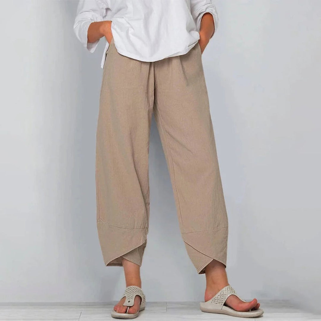 Dames Wijdvallende Casual Broek Elastische Taille Linnenlook - Khaki
