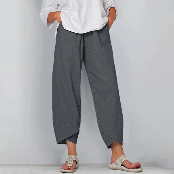 Dames Wijdvallende Casual Broek Elastische Taille Linnenlook - Grijs