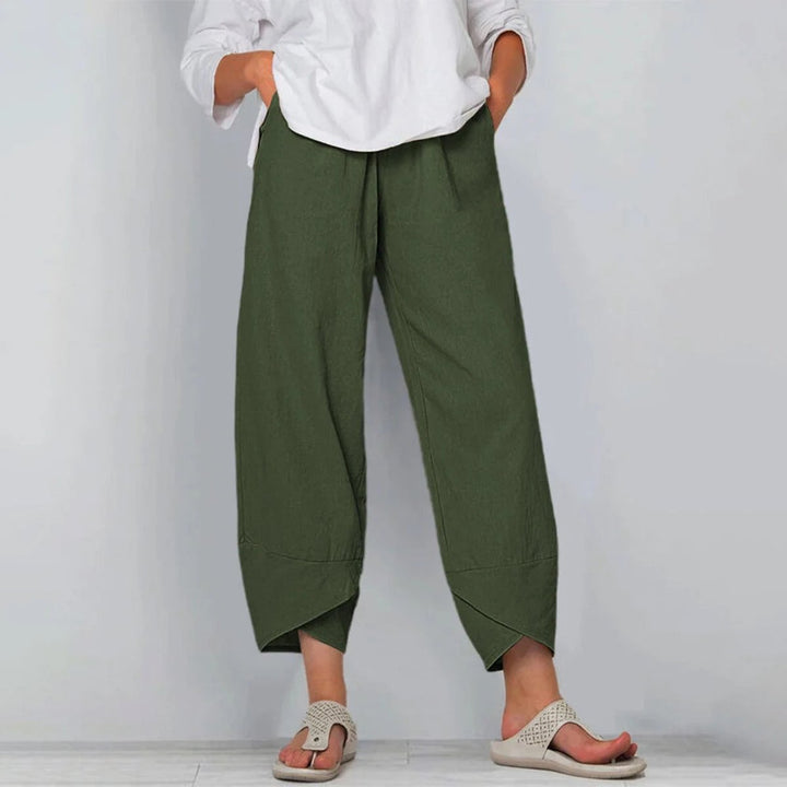 Dames Wijdvallende Casual Broek Elastische Taille Linnenlook - Groen