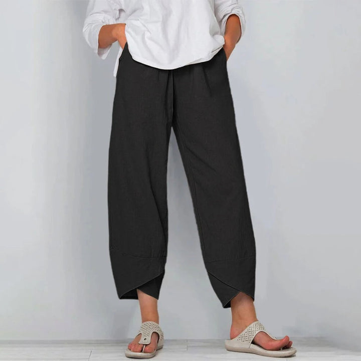 Dames Wijdvallende Casual Broek Elastische Taille Linnenlook - Zwart