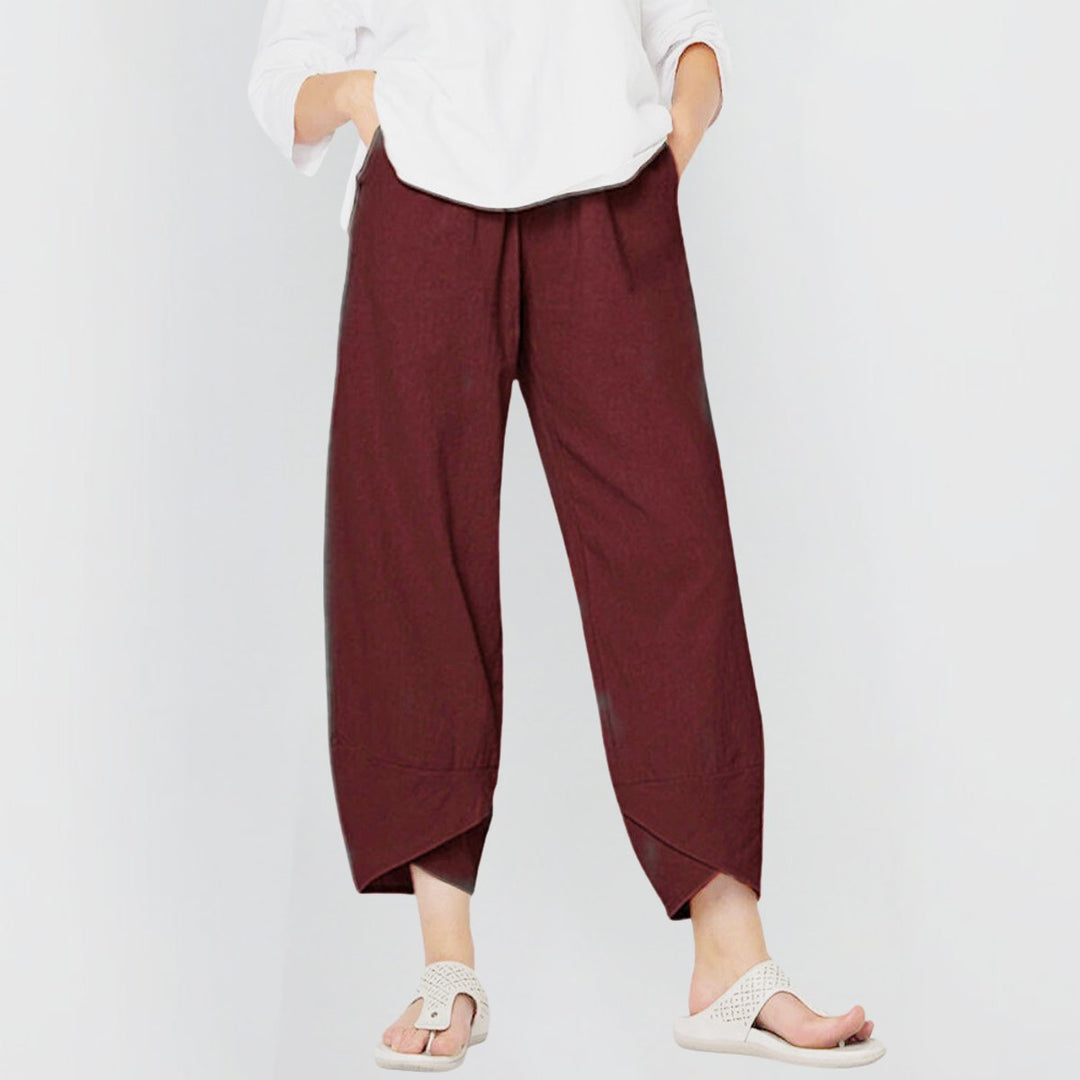 Dames Wijdvallende Casual Broek Elastische Taille Linnenlook - Wijnrood