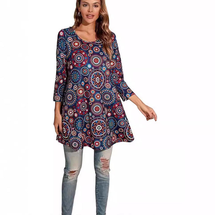 Dames Wijdvallende Mandalaprint Tunic met Driekwart Mouwen