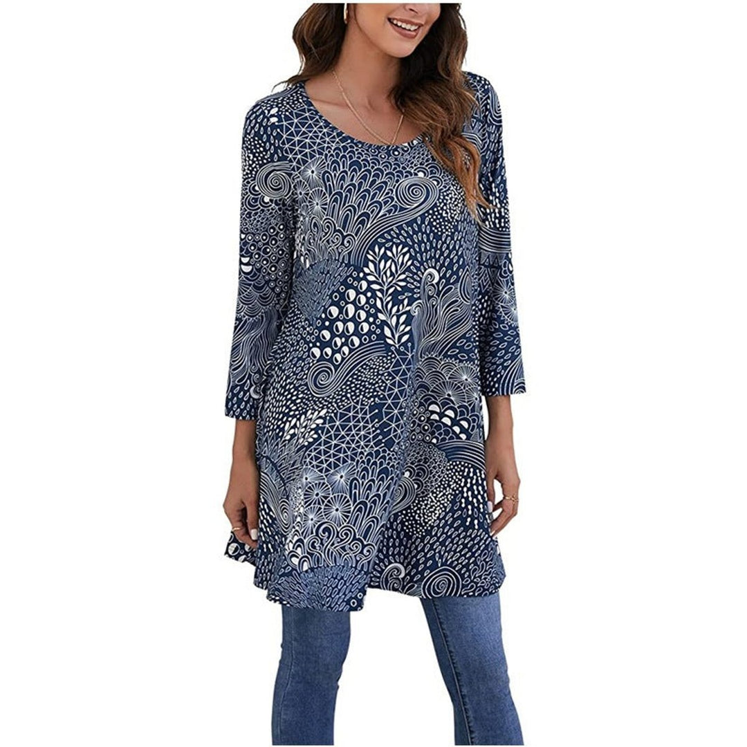 Dames Wijdvallende Mandalaprint Tunic met Driekwart Mouwen - A12