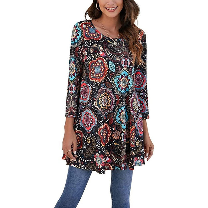 Dames Wijdvallende Mandalaprint Tunic met Driekwart Mouwen - A2