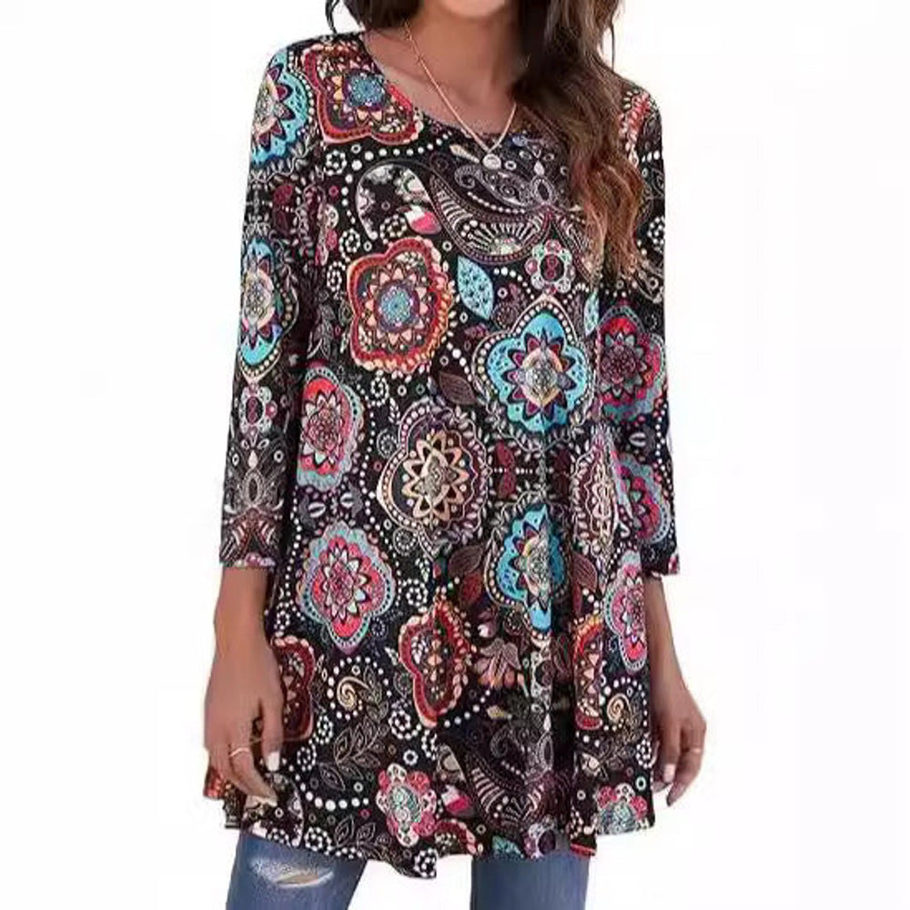 Dames Wijdvallende Mandalaprint Tunic met Driekwart Mouwen
