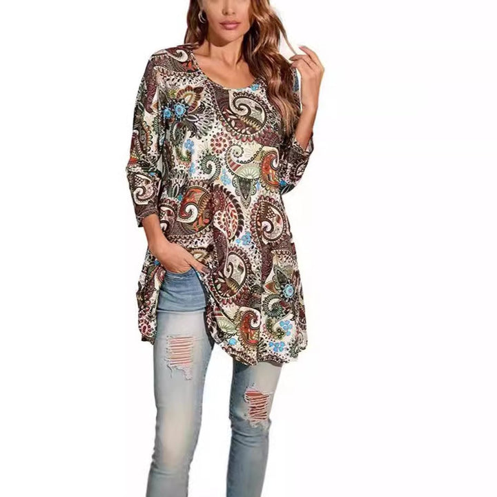 Dames Wijdvallende Mandalaprint Tunic met Driekwart Mouwen
