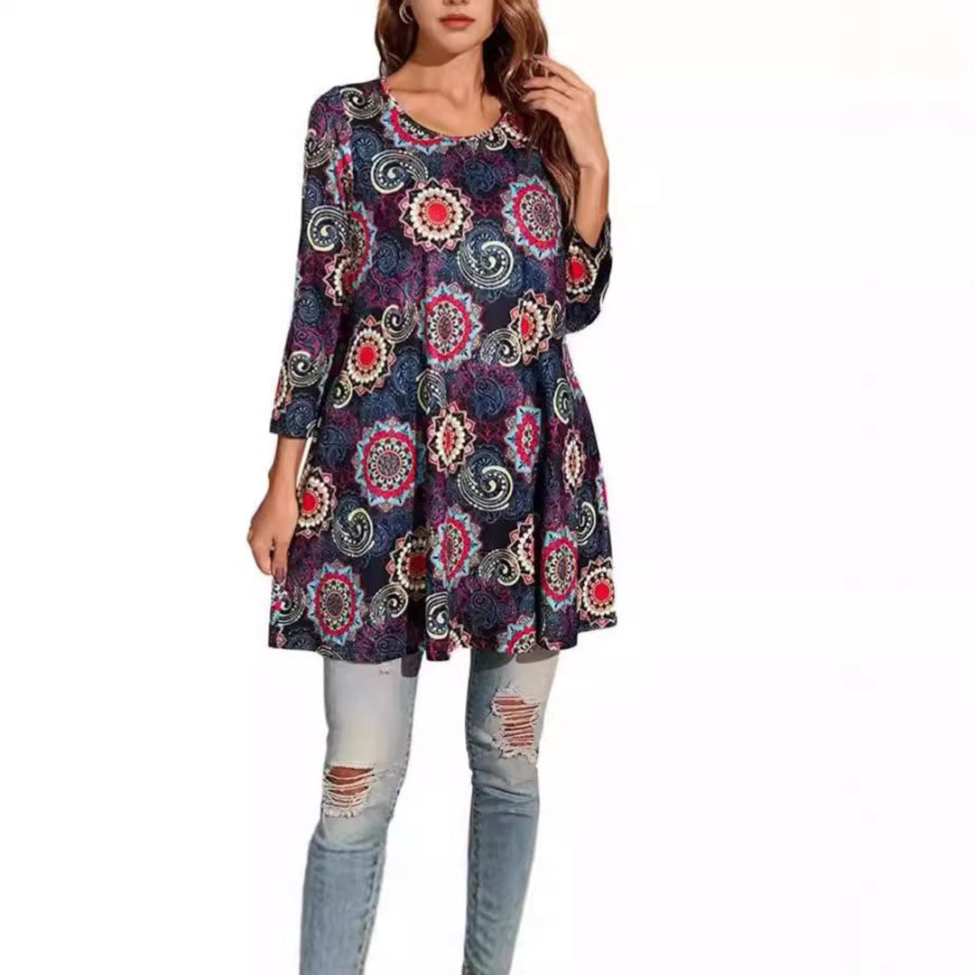 Dames Wijdvallende Mandalaprint Tunic met Driekwart Mouwen