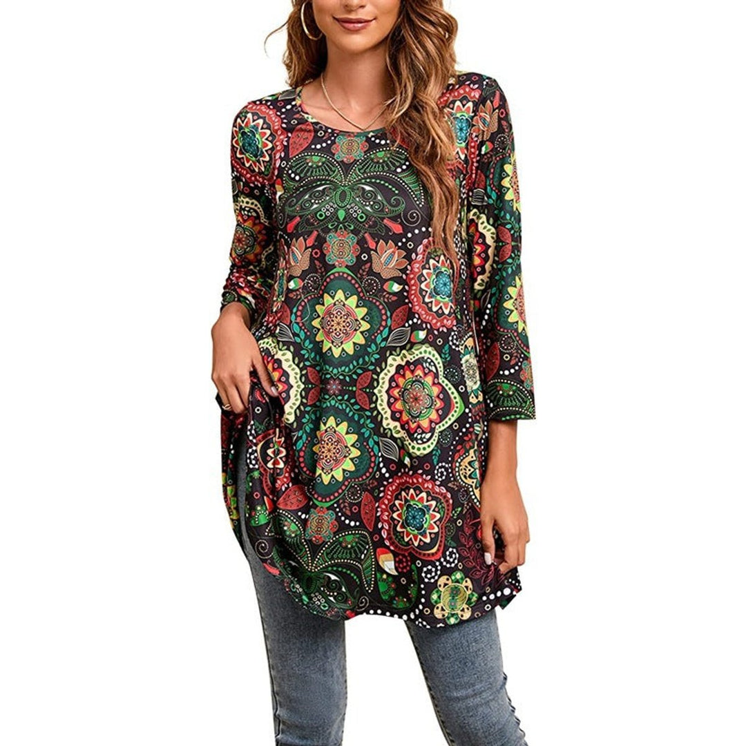 Dames Wijdvallende Mandalaprint Tunic met Driekwart Mouwen - A16