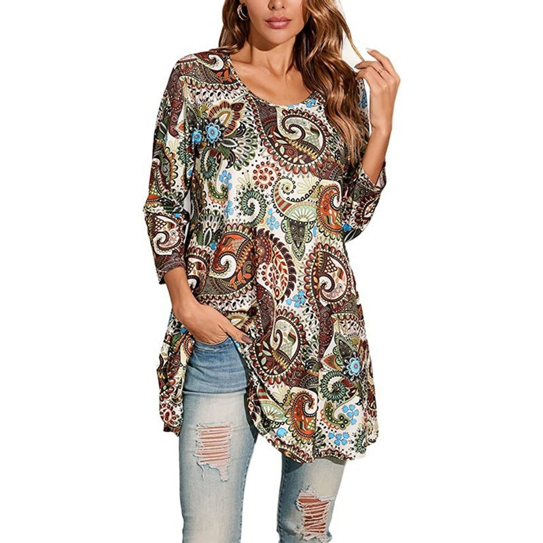 Dames Wijdvallende Mandalaprint Tunic met Driekwart Mouwen - A1