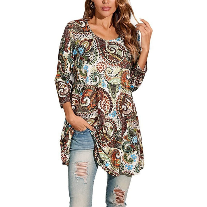 Dames Wijdvallende Mandalaprint Tunic met Driekwart Mouwen - A1