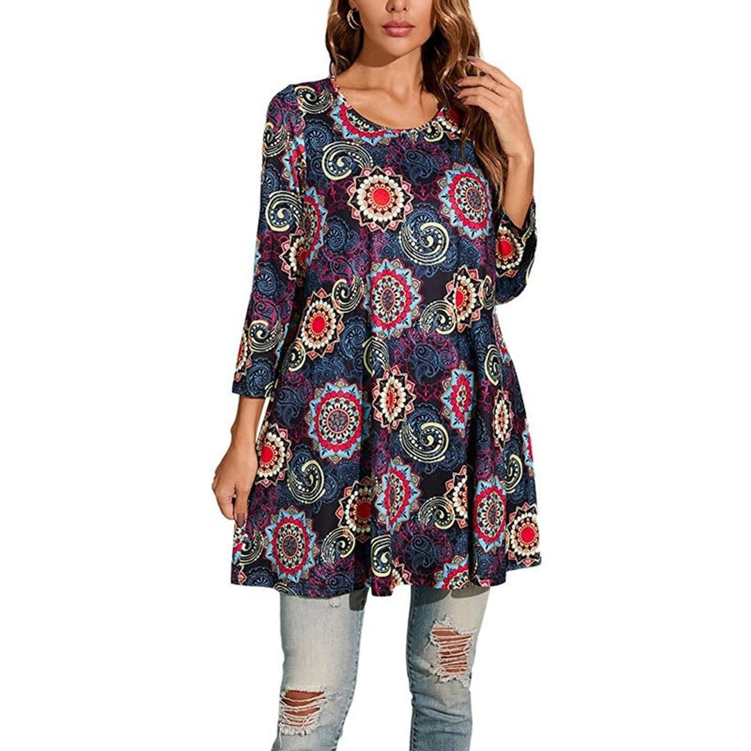 Dames Wijdvallende Mandalaprint Tunic met Driekwart Mouwen - Grijs