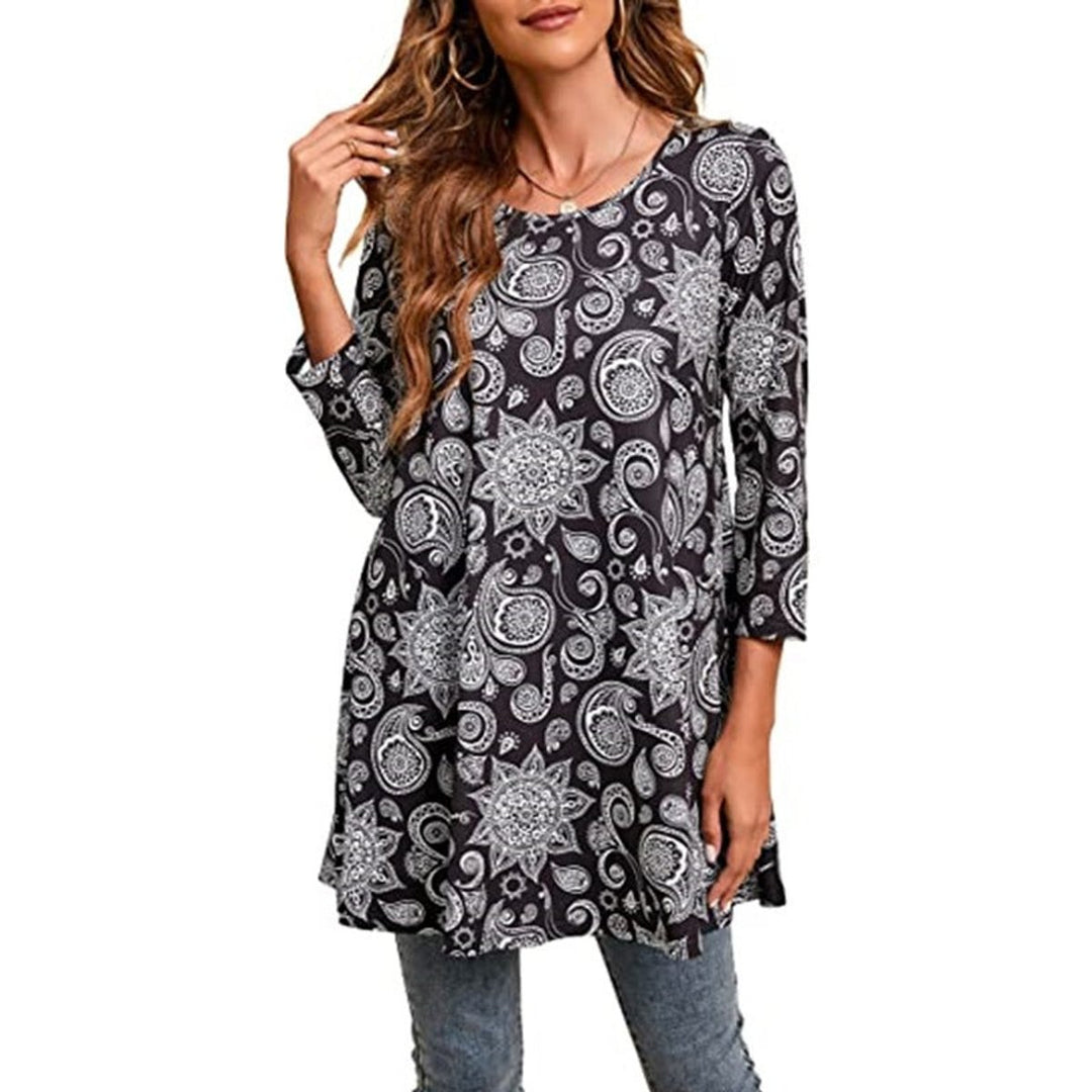 Dames Wijdvallende Mandalaprint Tunic met Driekwart Mouwen - A14