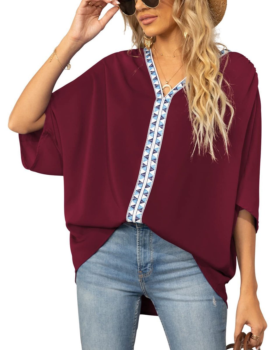 Dames Wijdvallende V-hals Tunic Geometrische Borduurrand - Geel
