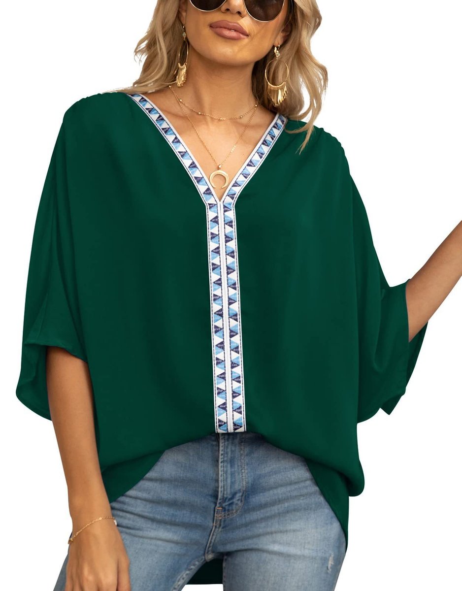 Dames Wijdvallende V-hals Tunic Geometrische Borduurrand - Donkergroen