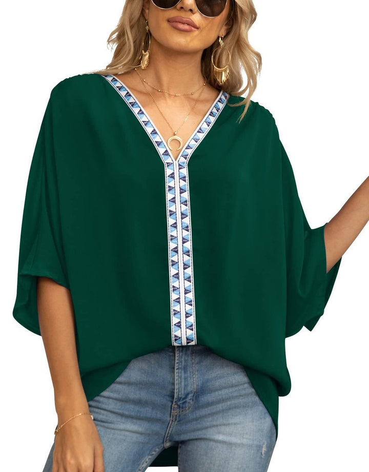 Dames Wijdvallende V-hals Tunic Geometrische Borduurrand - Donkergroen