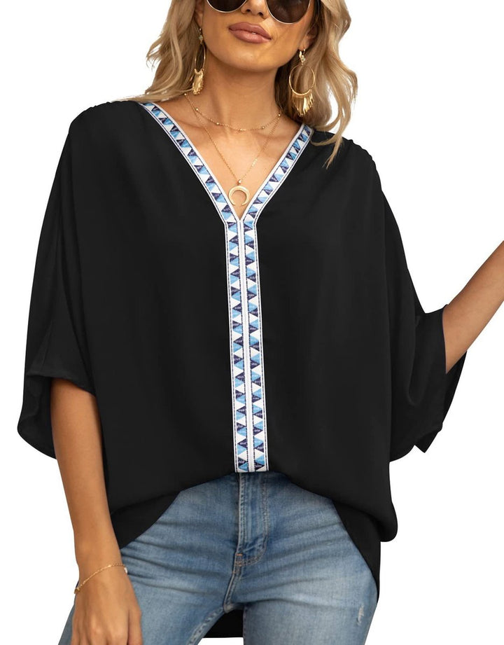 Dames Wijdvallende V-hals Tunic Geometrische Borduurrand - Zwart