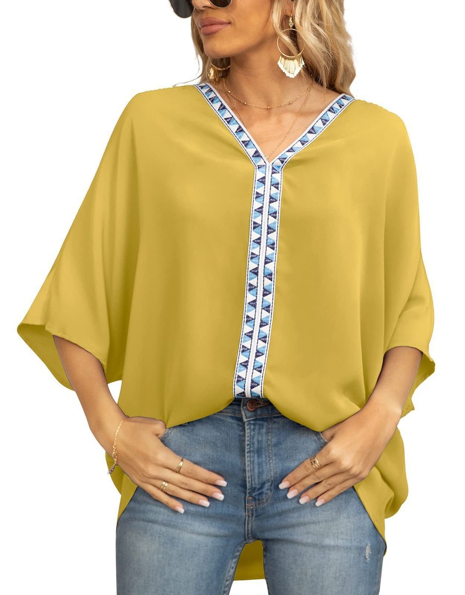 Dames Wijdvallende V-hals Tunic Geometrische Borduurrand - Bloemenprint
