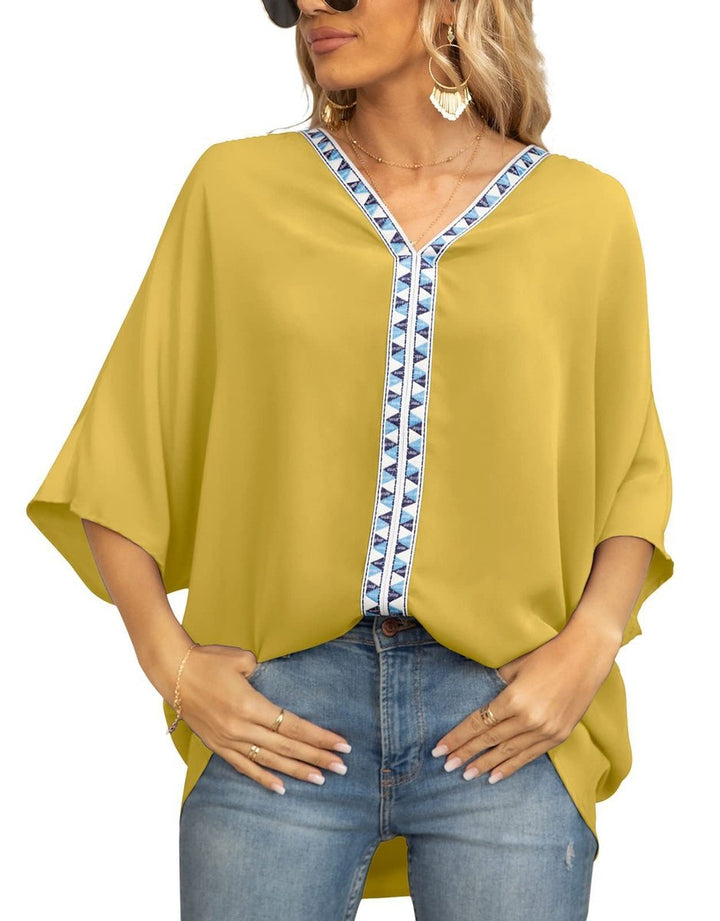Dames Wijdvallende V-hals Tunic Geometrische Borduurrand - Bloemenprint