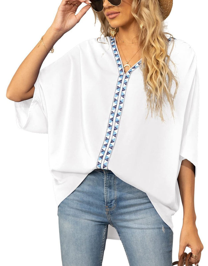 Dames Wijdvallende V-hals Tunic Geometrische Borduurrand - Wit