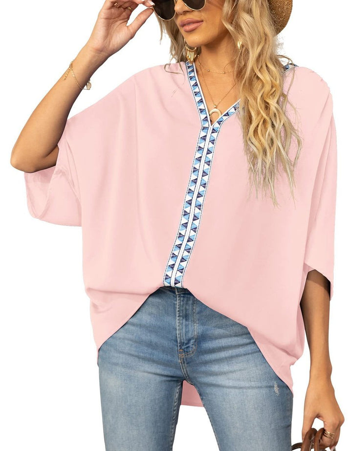 Dames Wijdvallende V-hals Tunic Geometrische Borduurrand - Roze