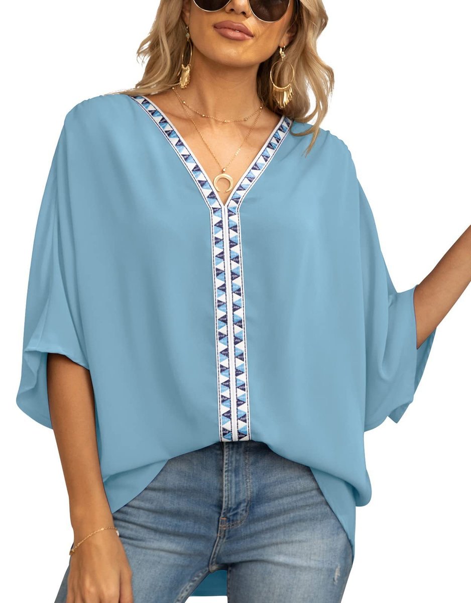Dames Wijdvallende V-hals Tunic Geometrische Borduurrand - Donkerblauw