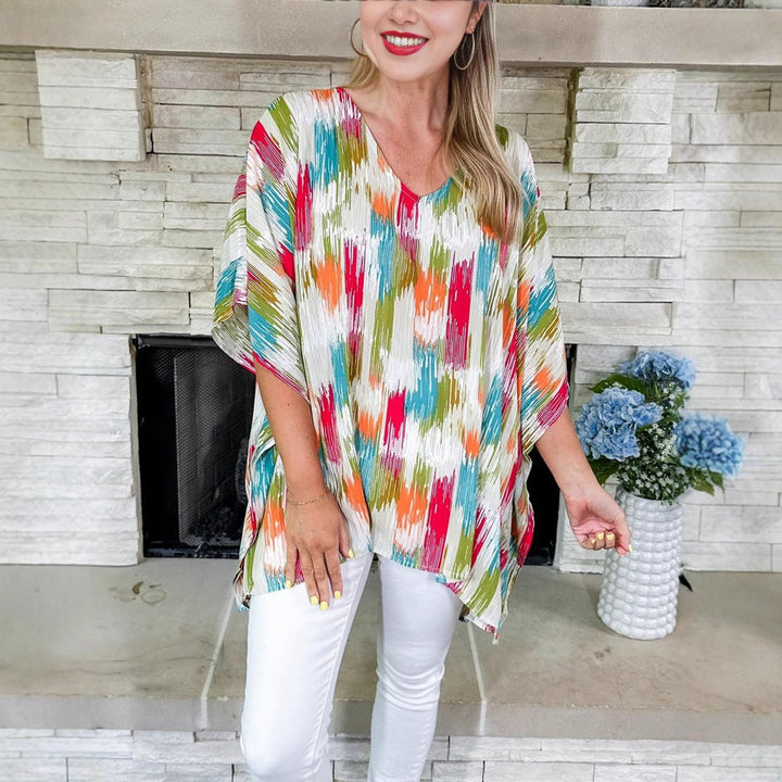 Dames Wijdvallende V-hals Tunic Kleurrijke Abstracte Print