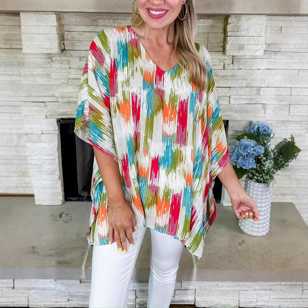Dames Wijdvallende V-hals Tunic Kleurrijke Abstracte Print