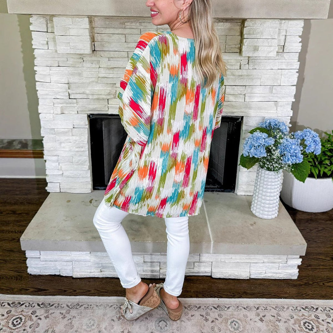 Dames Wijdvallende V-hals Tunic Kleurrijke Abstracte Print